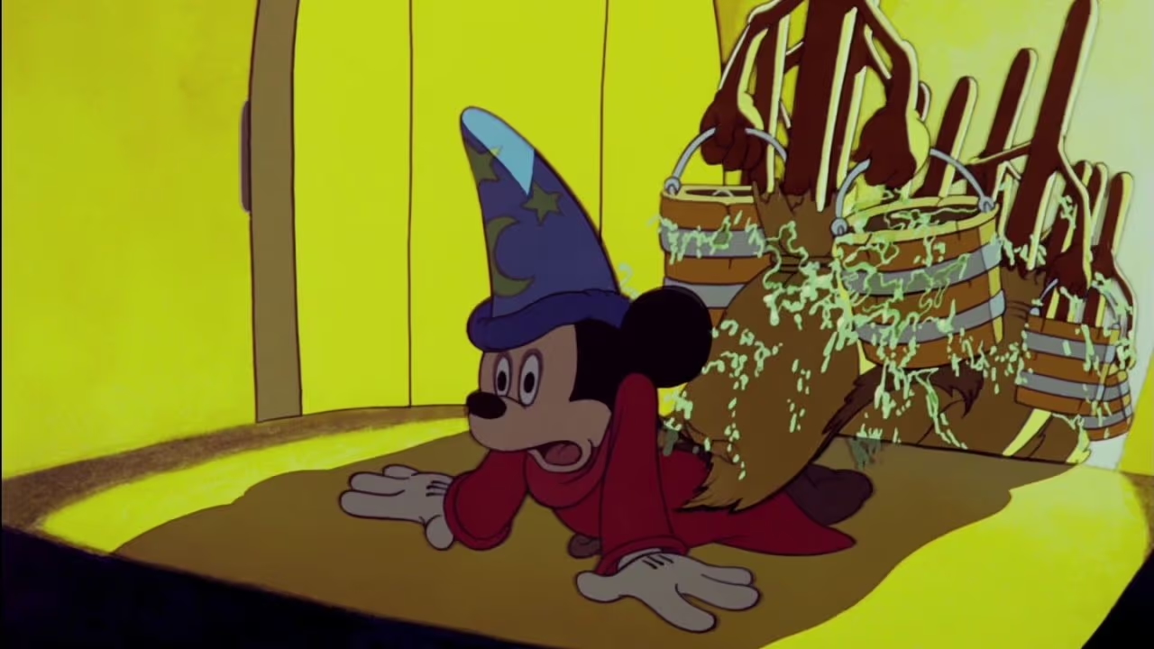 Sorcerer Mickey trampled by his army of brooms